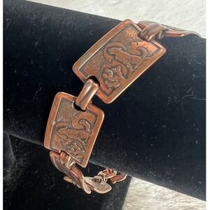 Vintage Copper Link Bracelet Southwestern Howling Wolf Desert Scene 7.5" Rustic
